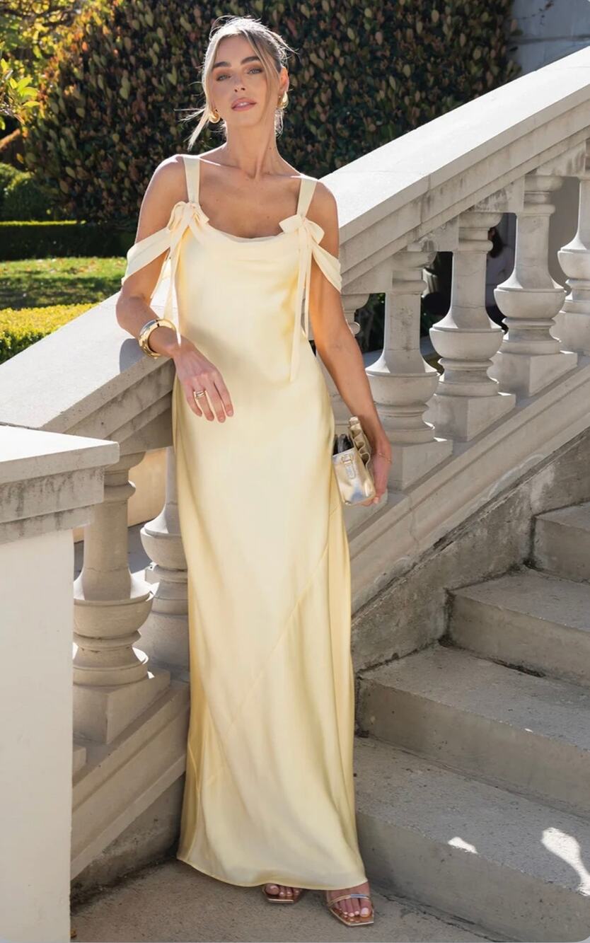Show Me Your Mumu Bella Maxi Dress Pale Yellow Luxe Satin Size XS